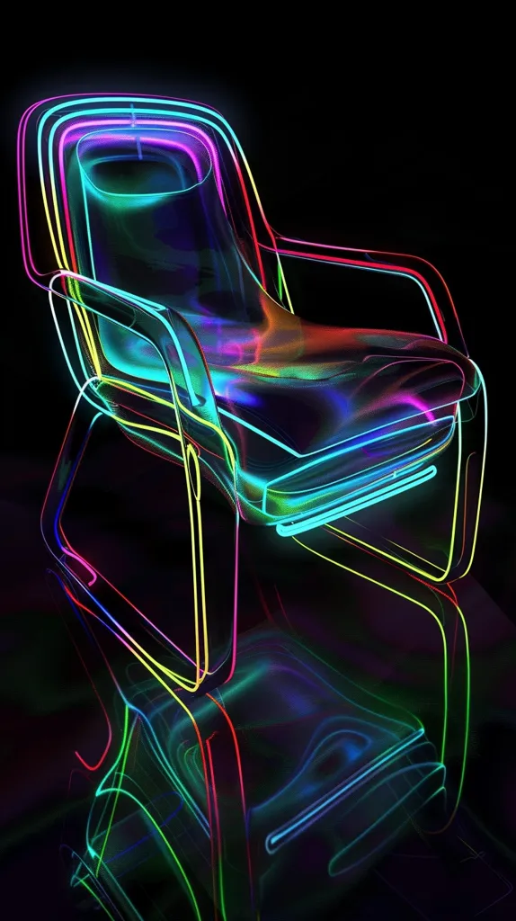 A neon-lit chair is shown against a black background. The chair is made of translucent material and the light shines through it, creating a variety of colors. The chair is reflected in the black surface below it. The chair's frame is made of smooth curves, giving it a futuristic look. The neon lights and the chair's design create a sense of energy and dynamism.