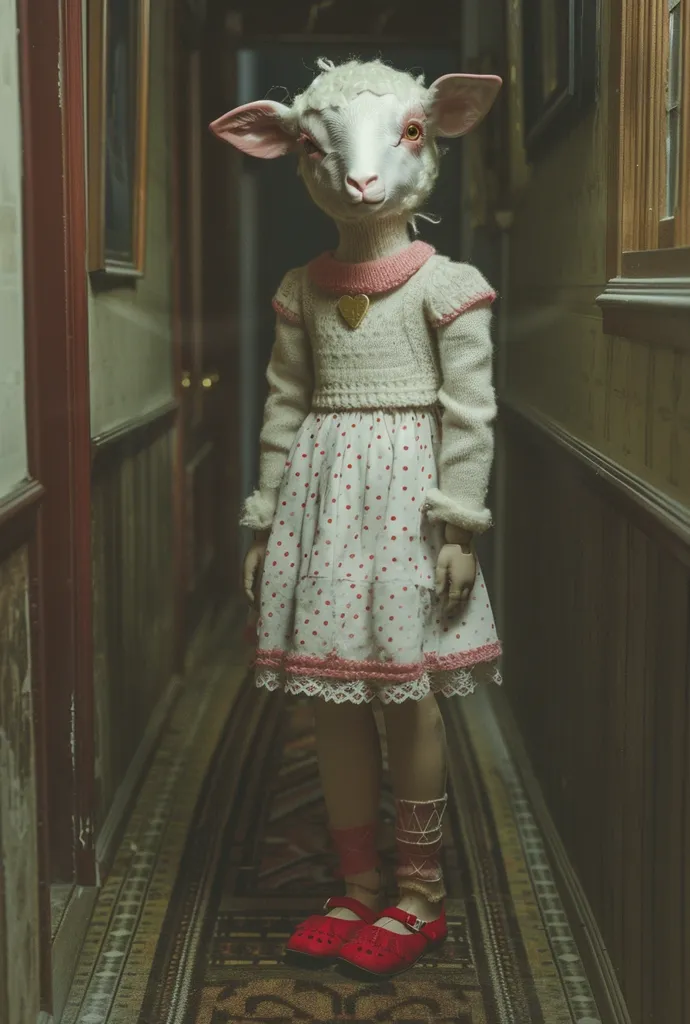 A figure wearing a white sheep mask and a white dress with red polka dots stands in a narrow hallway. The dress has a pink crocheted trim and a pink knit sweater underneath. They are wearing red shoes and a gold heart pendant. The hallway is dimly lit and has a worn, vintage aesthetic. The figure appears to be a doll or a costume.