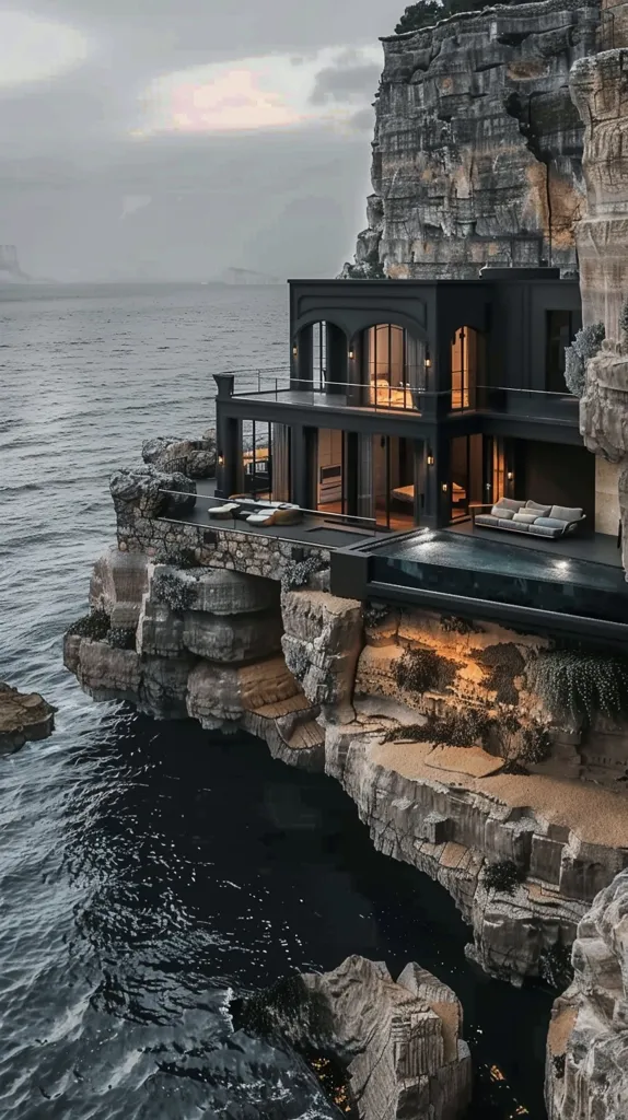 A modern, black house with large windows and a balcony sits perched on a cliff overlooking a dark, stormy sea. The house has a pool that seems to flow seamlessly into the ocean. The rugged cliff face is a stark contrast to the sleek lines of the house, creating a dramatic and breathtaking scene.