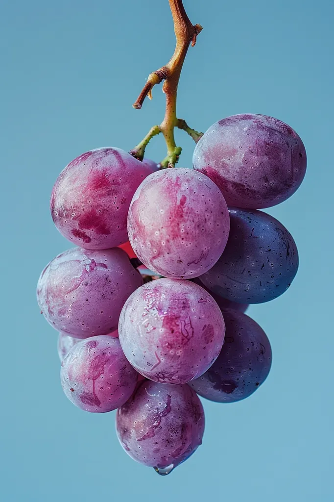 A bunch of plump, purple grapes hang against a light blue background. The grapes are glistening with moisture, suggesting they have been recently washed or are naturally dewy. They are arranged in a cluster, with a single grape at the bottom dripping a single drop of water. The image captures the freshness and vibrancy of the fruit.