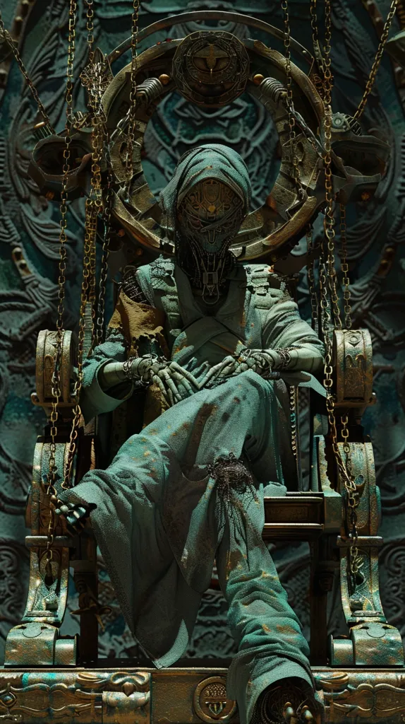 A cloaked figure sits on an elaborate, ornate throne made of metal and chains. The figure appears robotic and has a face obscured by a mask. The throne is adorned with intricate designs and appears to be suspended by chains from a ceiling. The background is a swirling, green pattern.  The image evokes a sense of power and mystery.