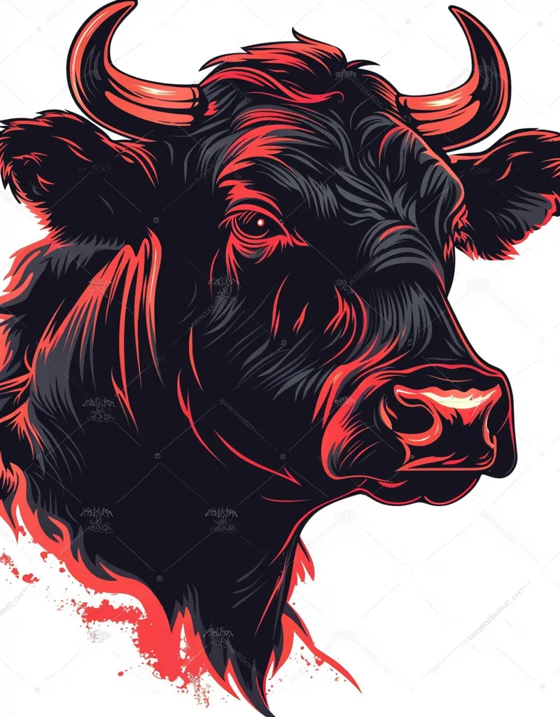 The image is a close-up of a bull's head. The bull is black with red highlights, giving it a fierce and aggressive look. The horns are long and pointed, and the eyes are narrowed and intense. The background is a white splatter pattern, suggesting movement and power. The image is a powerful representation of strength and determination.