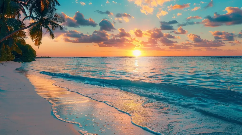 The image captures a breathtaking sunset over a tropical beach. The sky is ablaze with vibrant orange, pink, and purple hues, while fluffy clouds drift across the horizon. A palm tree stands proudly in the foreground, its leaves swaying gently in the breeze. The turquoise water of the ocean laps gently onto the pristine white sand, creating a picture of idyllic serenity. The sun, a fiery orb, is setting on the horizon, casting a golden glow across the entire scene.