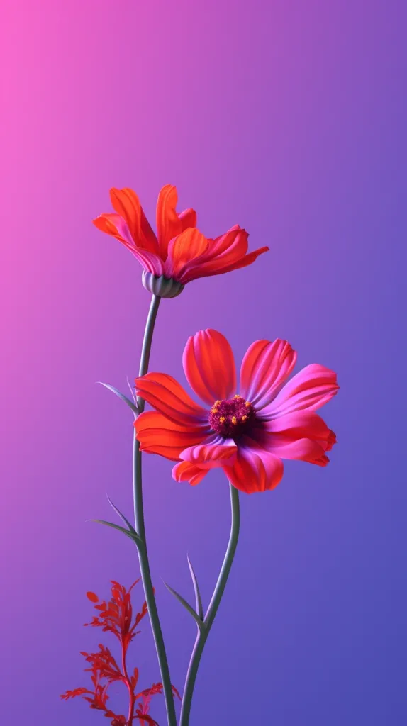 Two vibrant red flowers, with delicate petals, are the focus of the image. They stand out against the bright purple background. The flowers have thin green stems, and a hint of another leafy branch can be seen.  The image has a minimalist aesthetic, with the flowers taking center stage.