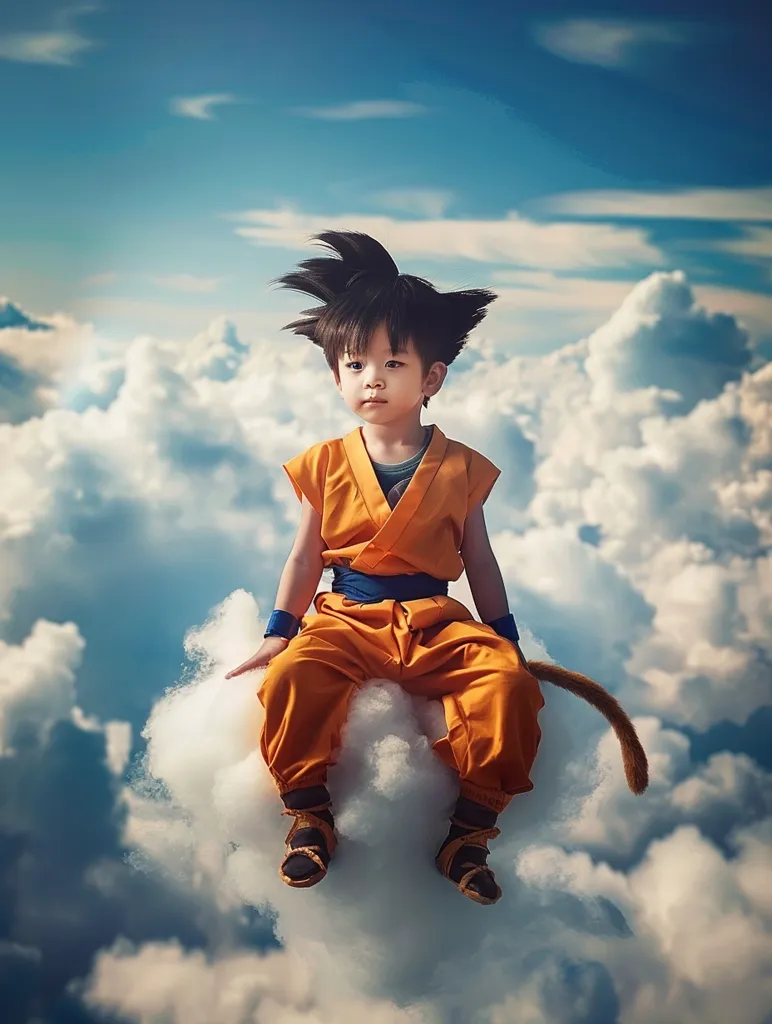 A young boy, dressed as a famous anime character, sits on a fluffy white cloud in a bright blue sky.  He wears a bright orange gi and a blue belt, and his spiky black hair is styled like the character.  The boy stares forward with a determined expression, as if he is ready to fly.  The clouds swirl around him, adding to the magical and fantastical feeling of the image.