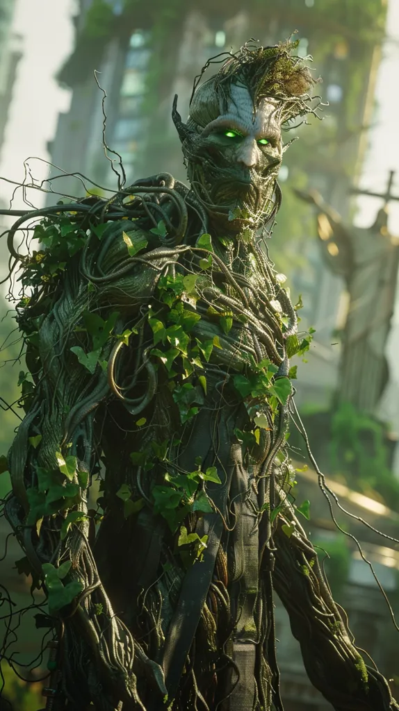 The image depicts a humanoid figure completely covered in vines and foliage, creating a monstrous and otherworldly appearance. The figure has a sharp, pointy chin and glowing green eyes that peer out from the tangle of vegetation. The background is a blur of greenery and a glimpse of a stone structure, suggesting a post-apocalyptic or fantasy setting. The figure's unnatural fusion with nature evokes a sense of both beauty and terror.
