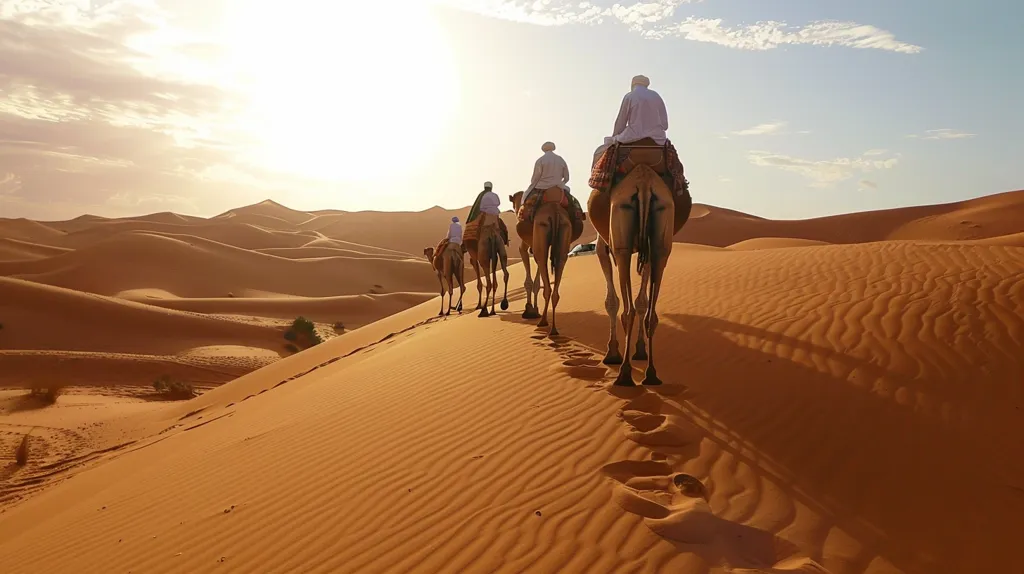 A line of camels, each carrying a rider, walks across a vast desert landscape. The camels are in single file, and the riders are all dressed in white robes. The sun is shining brightly, and the sand dunes stretch out as far as the eye can see. The image captures a sense of solitude and adventure.