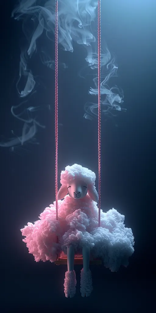 A white fluffy sheep sits on a swing, suspended in mid-air by two pink ropes. The sheep's face is serene, and its body is surrounded by a cloud of pink and white smoke. The background is a dark blue, giving the image a dreamy and ethereal quality. The smoke swirls and dances around the sheep, creating an atmosphere of mystery and wonder.