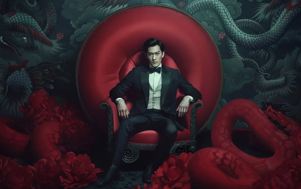A man in a black tuxedo sits in a red velvet armchair, his posture regal. He looks directly at the camera with a serious expression. The chair is ornate, with black detailing.  He sits against a dark green backdrop with a large, swirling dragon design. Red roses and a red snake adorn the lower half of the image. The image has a dramatic and theatrical feel.