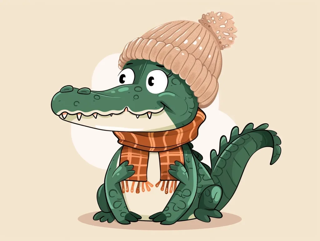 A cartoon crocodile is wearing a knitted beanie hat and a checkered scarf. The crocodile has a large smile and is looking towards the left side of the image. The crocodile is green and has a long tail. The background is a light beige color.  The image is cute and playful.