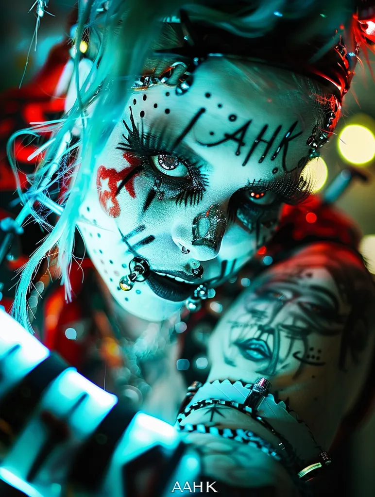 A close-up portrait of a person with blue hair and intricate face piercings. Their face is painted with black and white patterns and their eyes are accentuated with bold makeup and large, white contact lenses. The image is shot in a dark setting with colorful lights reflecting off the subject's skin. The person's arm, adorned with bracelets and tattoos, is visible in the foreground. The overall aesthetic is dramatic and captivating, showcasing a unique and striking style.