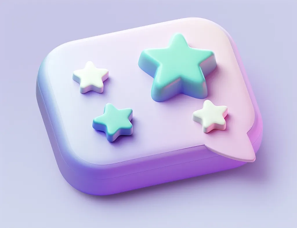 A 3D rendering of a pastel purple speech bubble with four 3D stars of different colors: white, blue, and turquoise. The stars are arranged randomly on the bubble, creating a playful and whimsical design. The background is a soft purple, enhancing the overall sense of sweetness and charm.