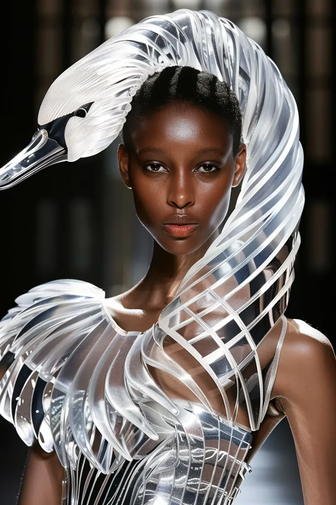 A model wears a futuristic, geometrically-shaped outfit. The headpiece resembles a swan with a long, flowing neck. The outfit is made of a translucent, iridescent material. The model has dark skin and her hair is styled back. She has a serious expression on her face. The image has a cool, futuristic aesthetic.