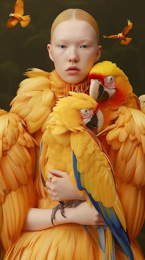 A woman with pale skin and freckles, dressed in a yellow feathered gown, holds two yellow and blue macaws in her arms. The macaws are nestled against her body, with their wings spread out.  A small bird flies overhead, adding to the whimsical and colorful scene. The background is a muted green, highlighting the vibrant yellow tones of the image.  The woman's neutral expression gives the image a slightly mysterious feel.  The image is likely a fashion or editorial shoot, showcasing the woman's beauty and the parrots' vibrant colors.