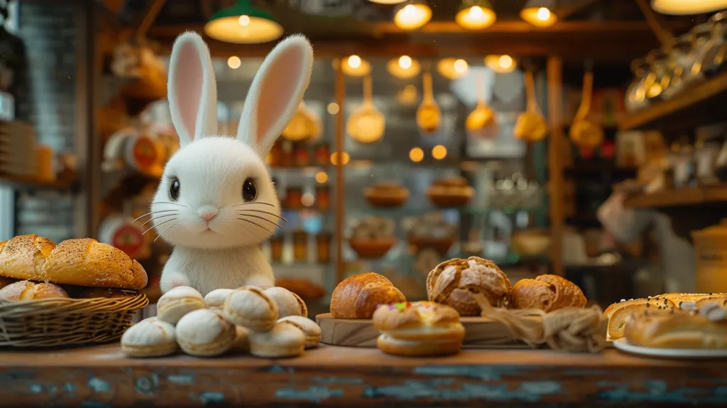 A fluffy white rabbit sits in front of a bakery counter, surrounded by pastries and bread. Warm lighting bathes the scene, highlighting the sweet treats. The rabbit's large eyes and cute whiskers add a whimsical touch to the image. The bakery's shelves are filled with various goods, suggesting a delightful array of baked delights.