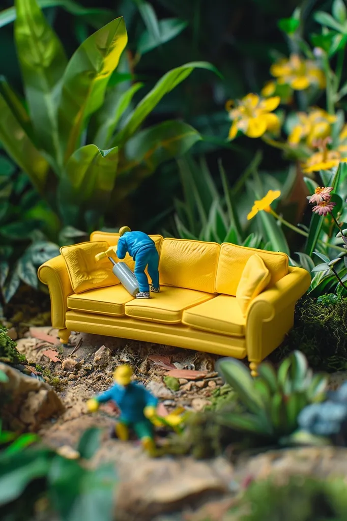 A miniature yellow couch sits nestled amongst lush green foliage.  A tiny figure in blue overalls is using a tool to fix the couch while another figure in blue watches on.  The couch is slightly tilted, giving the impression of a precarious setting. The scene is captured in a low-angle shot, highlighting the miniature nature of the objects.  The overall feeling is playful and whimsical.