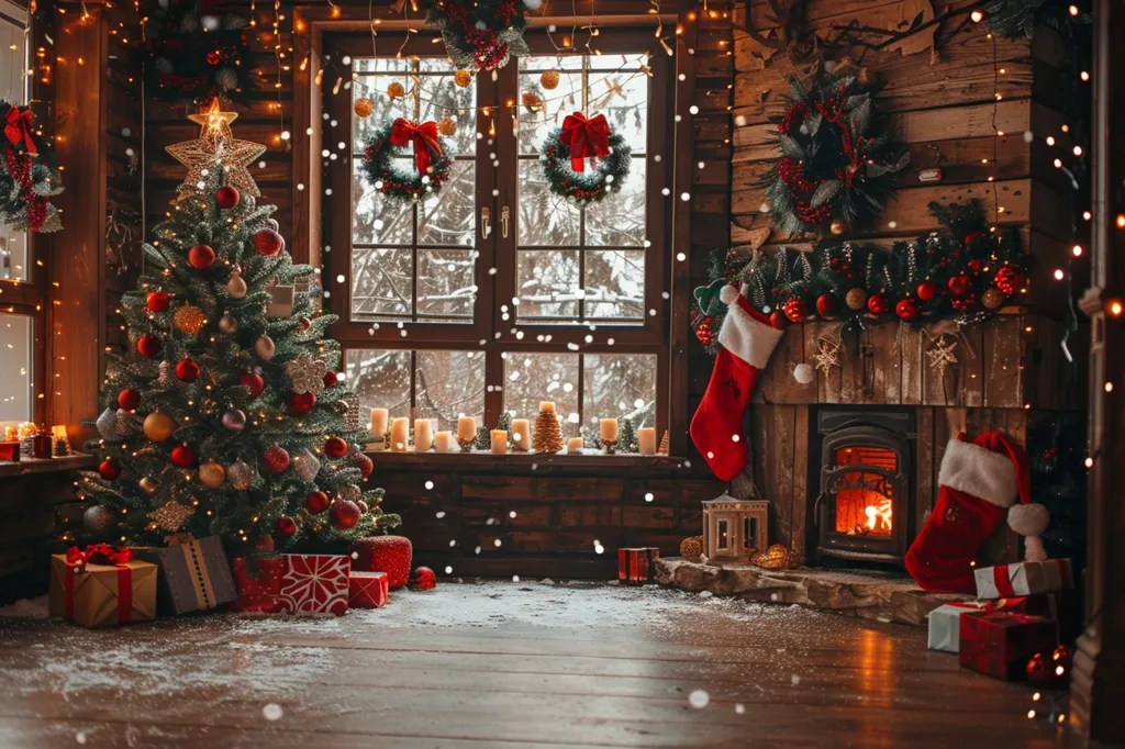 A cozy Christmas scene with a beautifully decorated tree and a crackling fireplace. A large window overlooks a snowy landscape, while twinkling lights illuminate the wooden cabin. Gifts are piled beneath the tree, and stockings hang by the fireplace, creating a warm and festive atmosphere. The image is full of holiday cheer and captures the essence of Christmas.