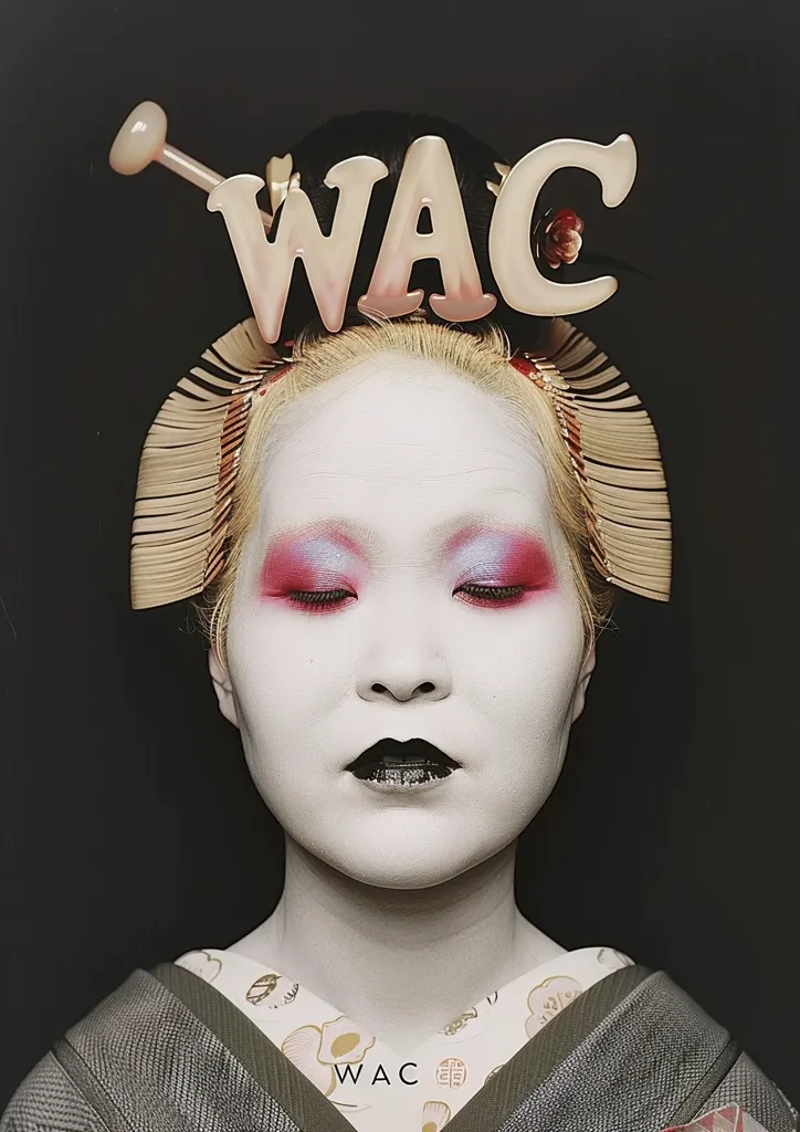 A woman with her eyes closed, wearing traditional Japanese geisha attire and makeup. Her hair is styled in a bun and adorned with a large pink and gold "WAC" hair ornament. Her face is painted white and her lips are black. The background is black.