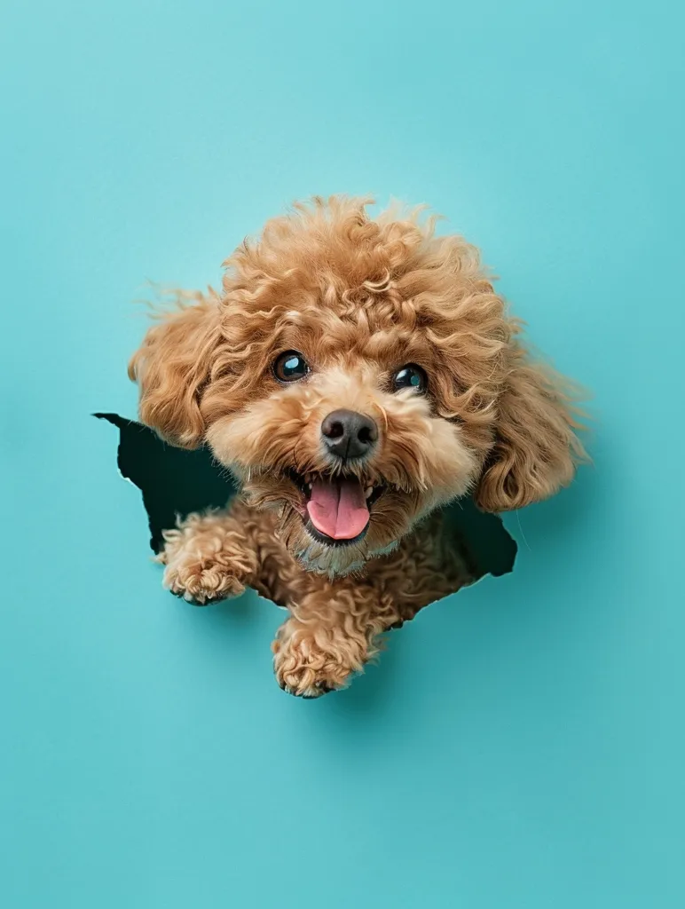 A small, brown poodle with curly fur is peeking through a hole in a bright blue wall. Its tongue is sticking out and its eyes are wide with excitement. The dog looks playful and curious as it observes its surroundings.  The blue background provides a vibrant contrast to the dog's fur, making it stand out.  The image captures the dog's personality and mischievous spirit.
