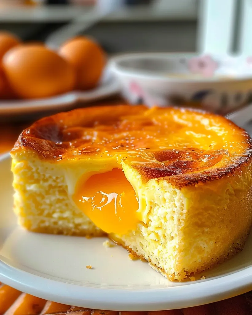 A slice of golden-brown cake, possibly a cheesecake or custard tart, sits on a white plate. The cake is topped with a glistening glaze, and a bright yellow yolk peeks out from a bite taken from the center.  A blurred background features eggs and a bowl, hinting at the cake's origin. The light and airy texture of the cake is visible in the bite, suggesting a delicate and flavorful dessert.