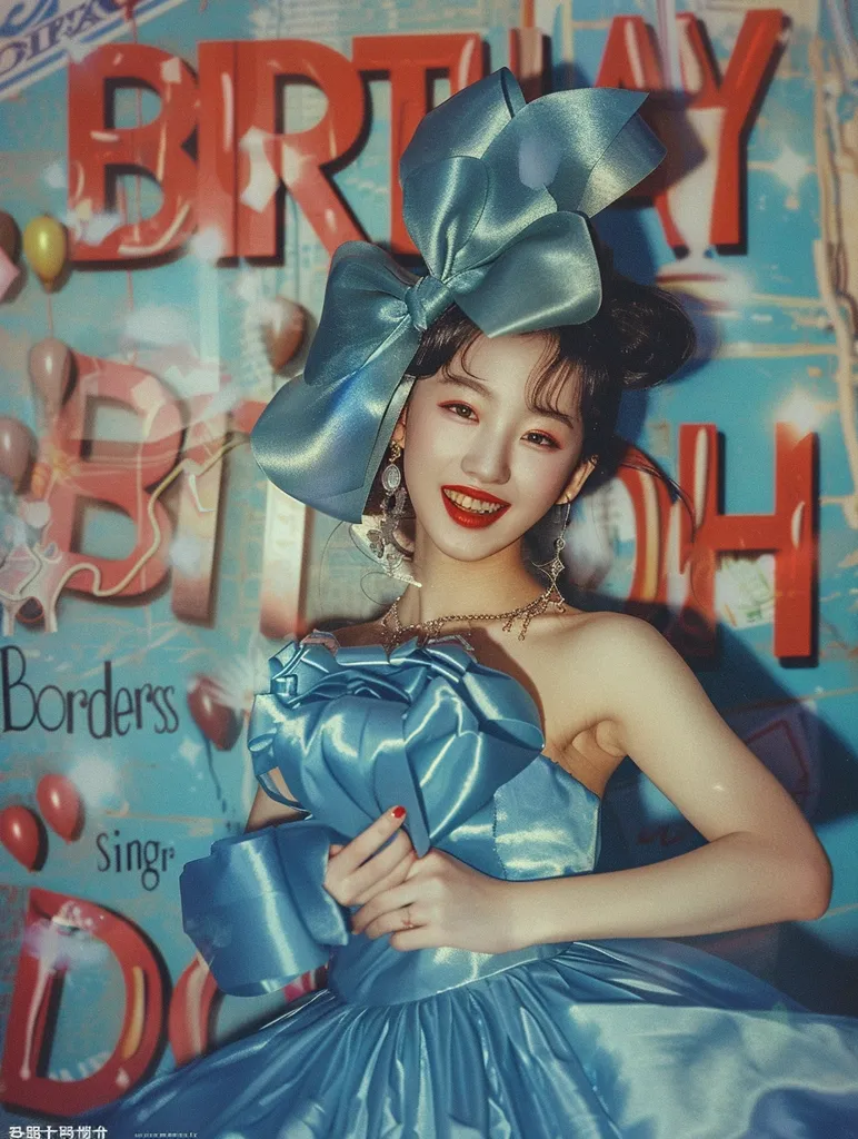 A young woman with dark hair and a large blue bow in her hair is wearing a bright blue strapless dress. She is smiling, and the background is a colorful wall with the word "Birthday" written on it in large red letters.  The photo has a vintage, nostalgic feel.