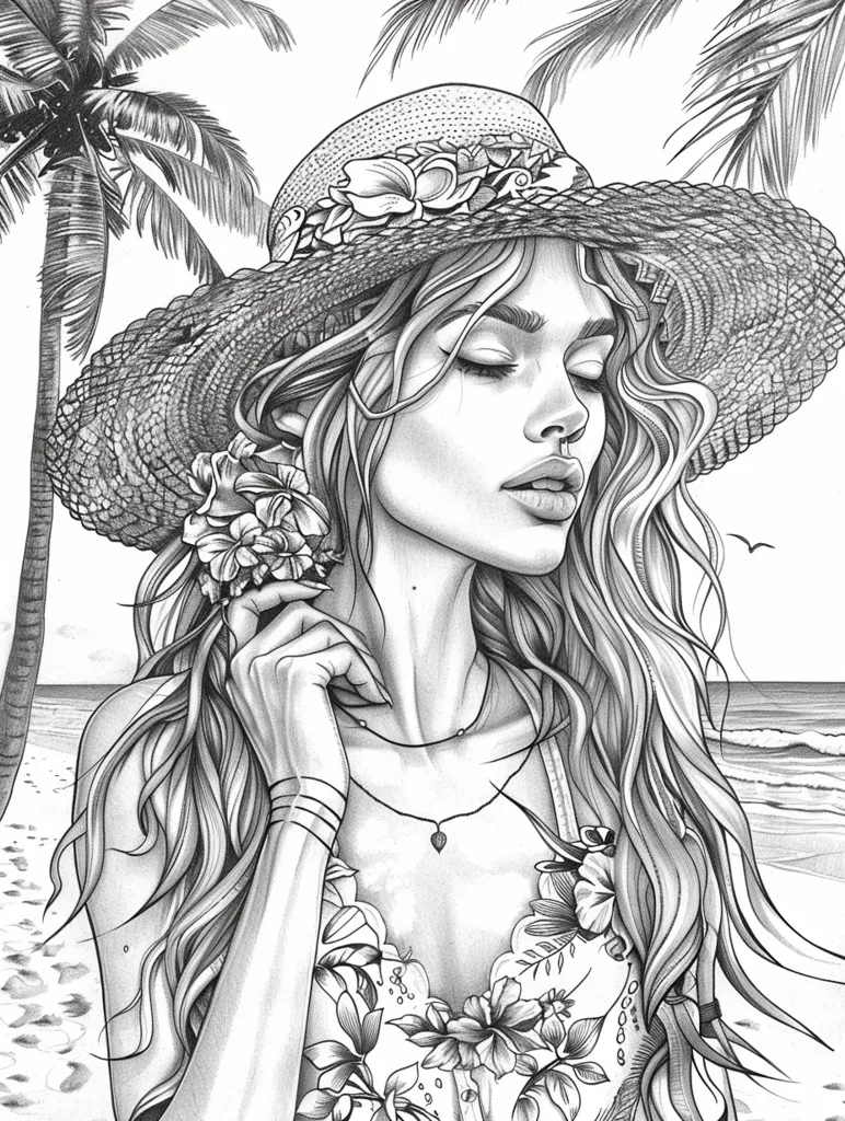 The image depicts a woman with long, flowing hair and a large, wide-brimmed hat adorned with flowers, standing by the ocean. She wears a floral patterned top and has a delicate necklace around her neck. Palm trees frame the background, creating a tropical and romantic ambiance. The image is drawn in black and white, creating a sense of ethereal beauty. The woman's closed eyes and serene expression suggest tranquility and peace.