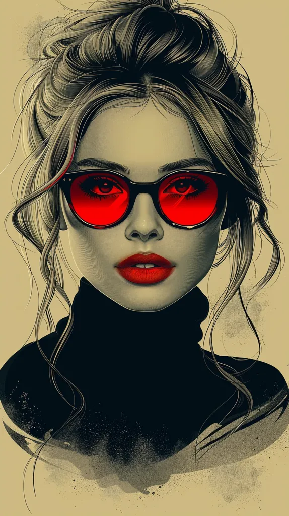 The image is a portrait of a woman with long dark hair styled in a bun, wearing black-rimmed sunglasses with red lenses and a black turtleneck. Her face is partially obscured by the sunglasses, but her red lips and strong eyebrows are visible. The background is a faded tan color with a light black splatter effect. The overall mood of the image is mysterious and alluring.