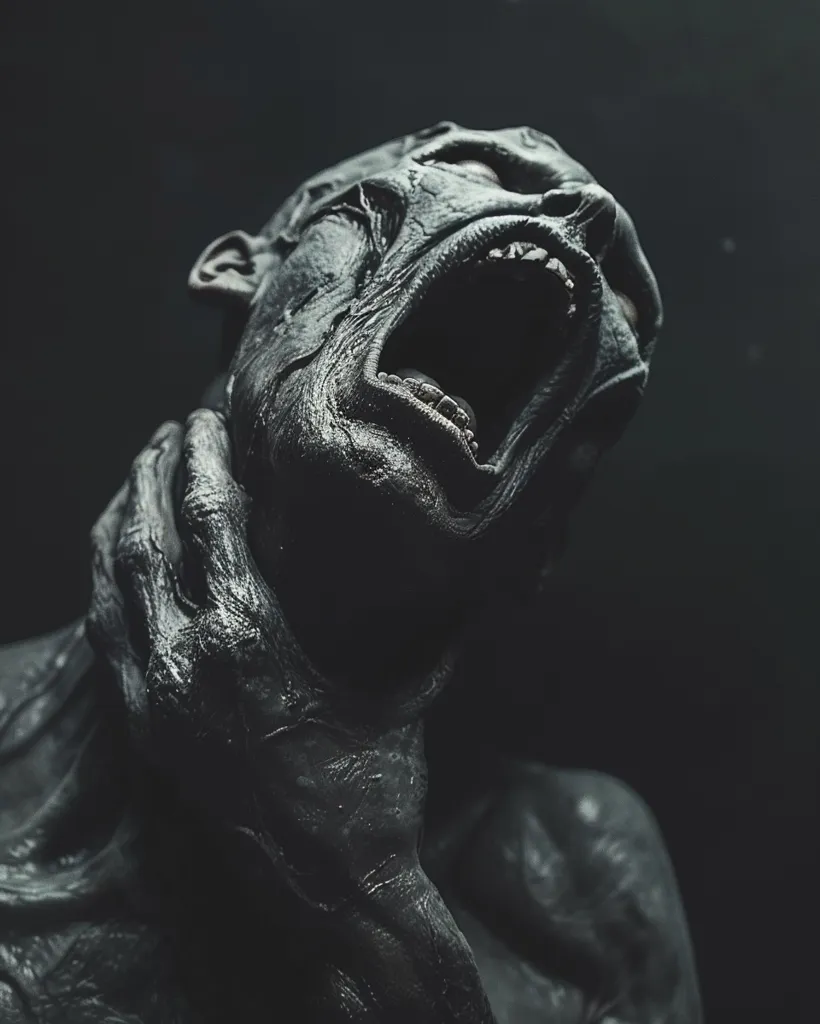 The image depicts a grotesque, monstrous figure with a gaping maw, its teeth bared in a silent scream. The creature's skin is wrinkled and gray, suggesting decay or corruption. Its eyes are wide and vacant, staring into the void. The image is dark and unsettling, evoking a sense of horror and dread.