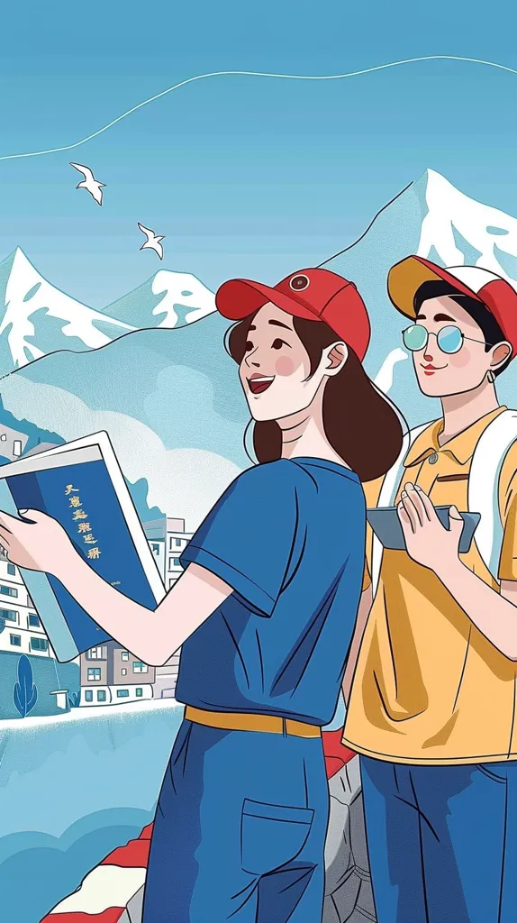 Two young people, a girl with a red hat and a boy with a blue hat, stand in front of a snowy mountain scene. The girl holds a book titled "Travel Guide" while the boy holds a phone. They both smile and look happy. Birds fly in the clear blue sky above.  The scene is bright and cheerful, suggesting a fun and exciting adventure.