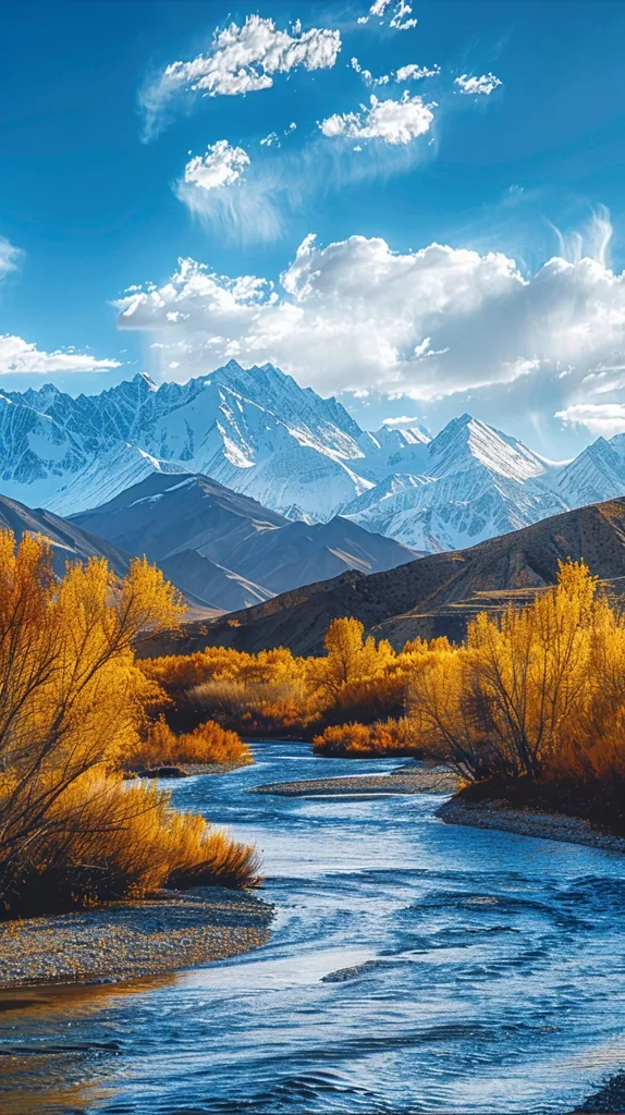 A serene landscape unfolds with a winding river flowing through a valley nestled beneath towering snow-capped mountains. Lush foliage in vibrant yellow hues lines the riverbanks, adding a splash of warmth to the scene. The sky above is a canvas of brilliant blue, dotted with fluffy white clouds. The image captures the beauty of nature in its tranquil splendor.
