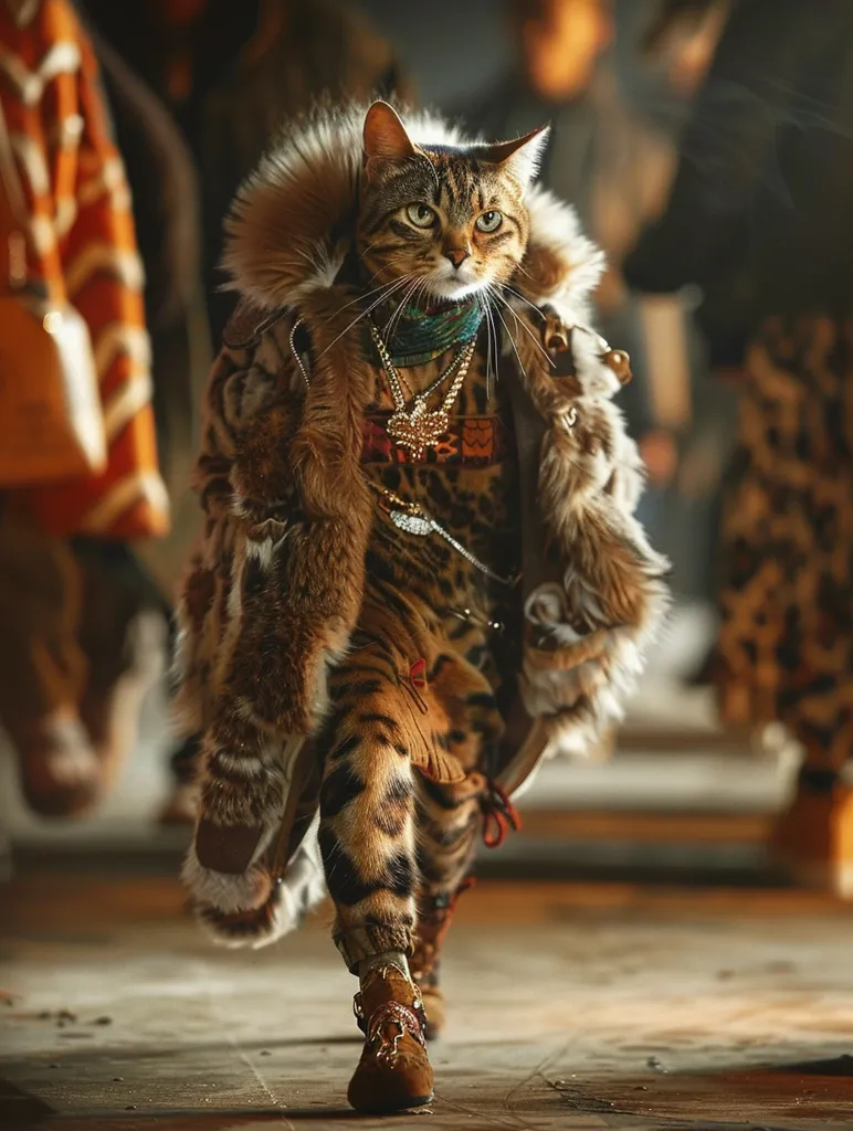 A cat wearing a fur coat and boots walks down a runway. The cat is dressed in a leopard print outfit and has a gold chain around its neck.  The cat is looking straight ahead with a serious expression. The background is blurry and shows other people and cats.  The cat appears to be confident and ready for its closeup.