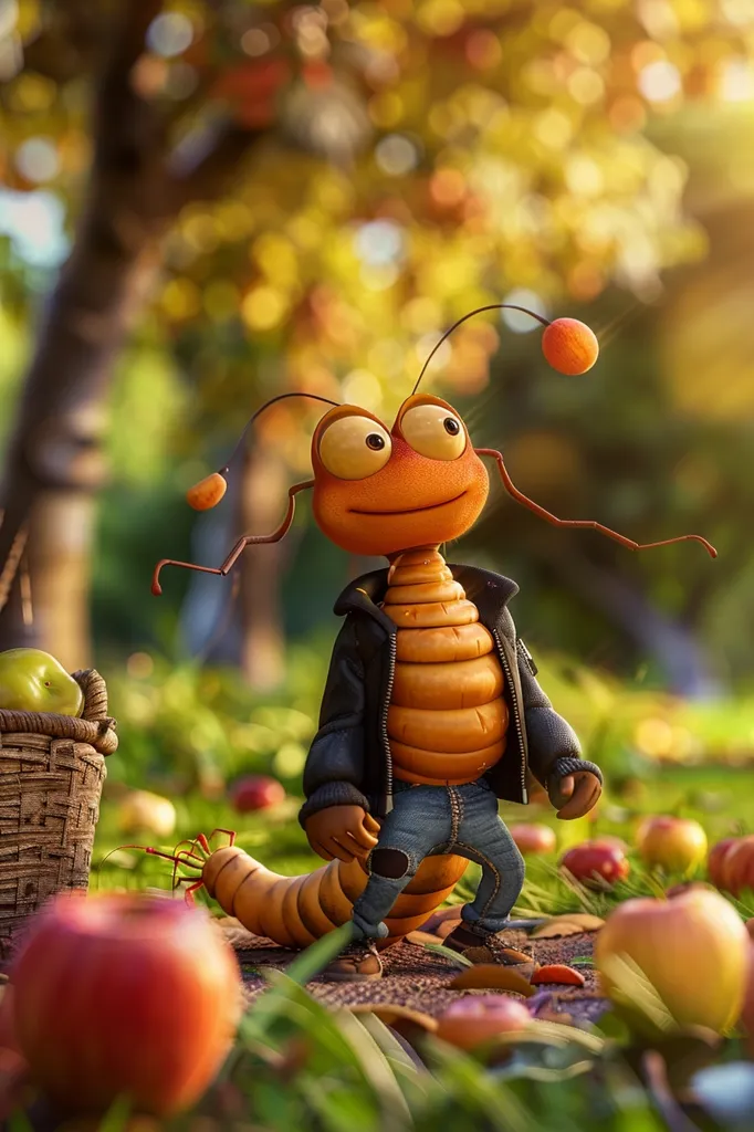 A cartoon worm with a leather jacket, ripped jeans and a happy expression stands in a meadow of green grass and scattered apples. The worm looks up towards the right, with a soft golden light illuminating the scene. The background features a blurry image of an autumnal tree with orange and yellow leaves.