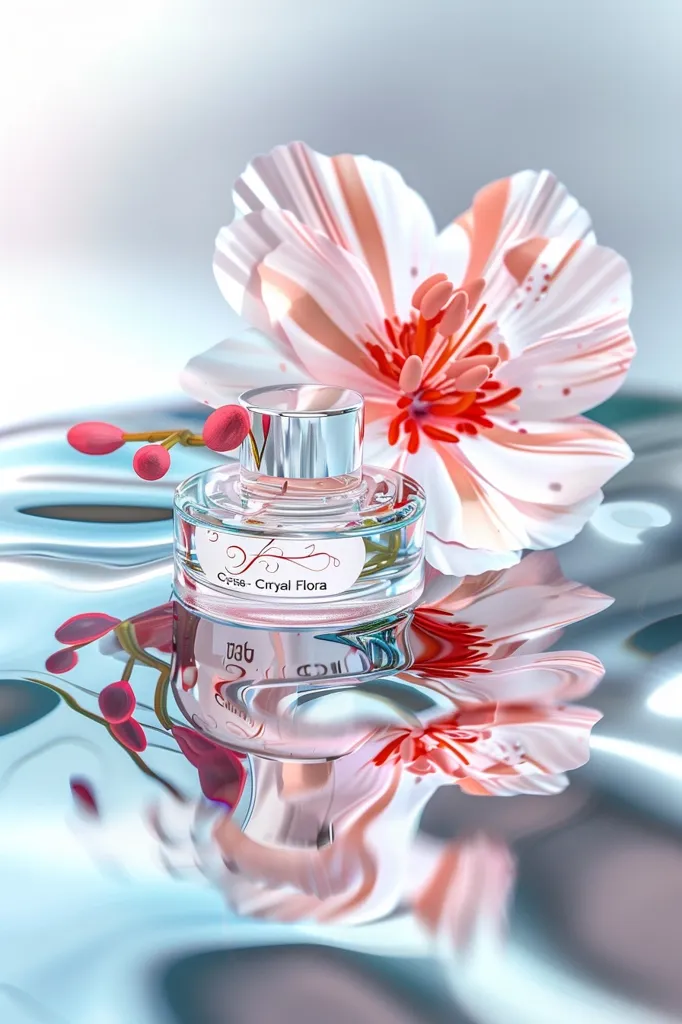 A bottle of perfume labeled "Cryal Flora" sits on a reflective surface with a pink and white flower resting on the bottle. The surface reflects the flower and the bottle, creating a double image of both. The background is a light blue, creating a soft and ethereal feeling.