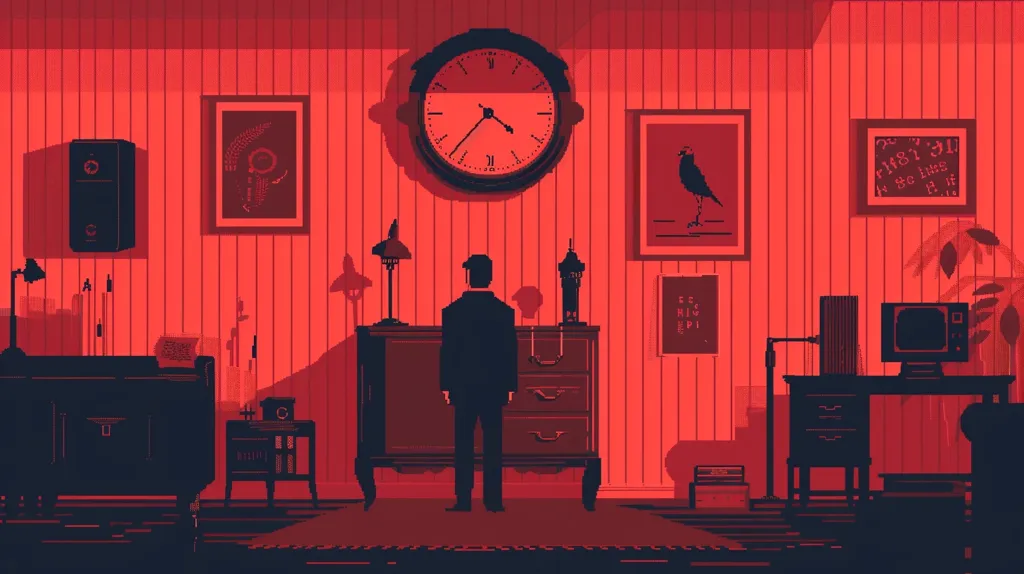 The image is a pixelated depiction of a room with a red wall, a large clock, and a man standing in front of a dresser. The room has various other pieces of furniture, including a desk, a side table, and a bookshelf. The image has a retro and nostalgic feel.  A bird is featured in one of the framed images. The room is dimly lit, creating an atmosphere of mystery.