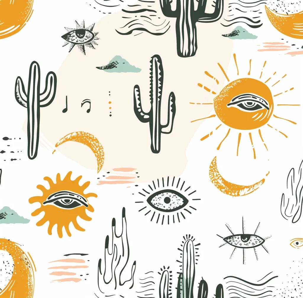 This is a seamless pattern featuring a whimsical and bohemian design. It includes cacti, suns with eyes, moons, and abstract shapes. The colors are mostly muted and earthy, creating a relaxed and calming vibe. There are also hints of pink, green, and blue, adding pops of color and interest. The overall effect is playful and inviting, suggesting a sense of freedom and joy.