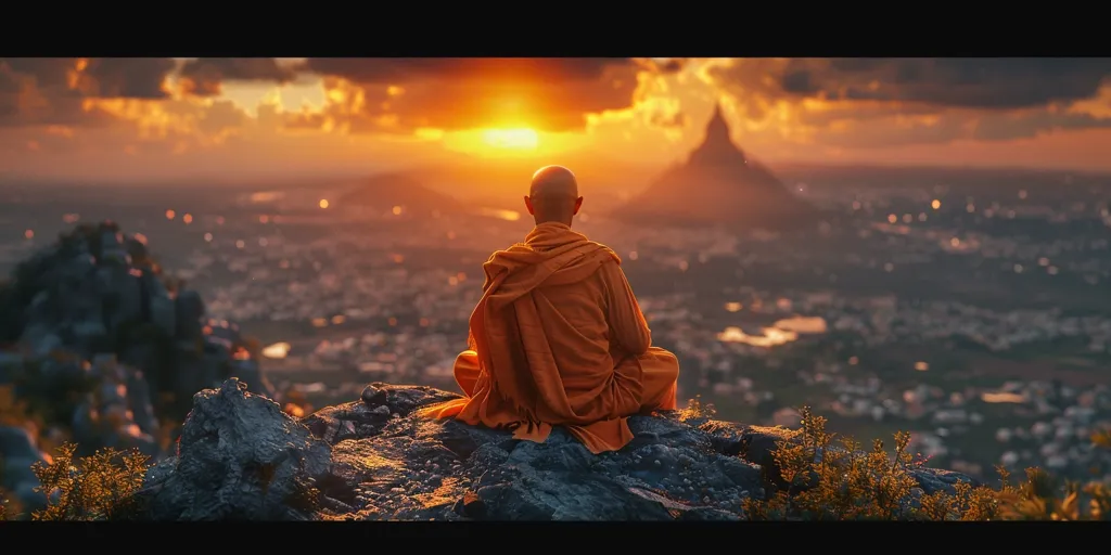 A lone monk sits in meditation on a rocky mountaintop, facing a city bathed in the golden light of a setting sun.  The peaceful scene suggests a sense of tranquility and connection with nature. The distant silhouette of a mountain adds to the sense of scale and the vastness of the world. The image captures a moment of spiritual contemplation and connection with the universe.