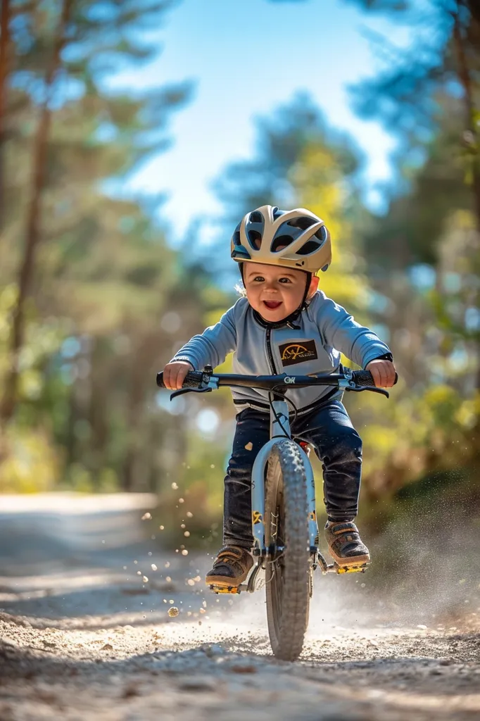 A young child wearing a helmet rides a small bicycle down a dirt path. The child is smiling and appears to be enjoying the ride. The path is surrounded by trees and bushes, and the sun is shining brightly. The child's legs are moving as they pedal the bike, and dust is kicking up from the wheels.  The image captures the joy of childhood and the freedom of riding a bike.