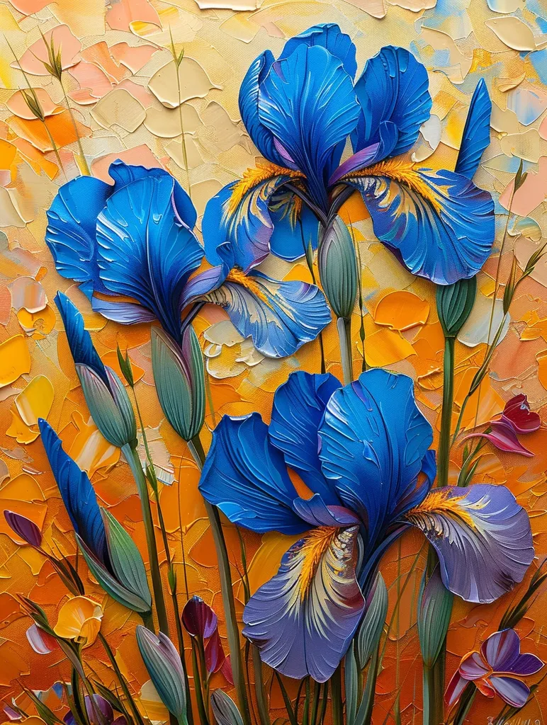 The painting depicts three vibrant blue irises with intricate yellow and purple details, standing tall against a warm, textured background of orange and yellow hues. The flowers are rendered with thick strokes of paint, creating a three-dimensional effect. The composition is dynamic, with the flowers reaching upwards and outwards, suggesting growth and vitality. The painting evokes a sense of beauty and wonder, capturing the delicate grace of the irises in a bold and expressive manner.