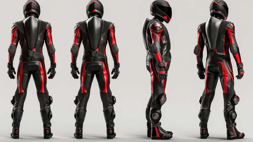 The image shows four figures wearing black and red racing suits with helmets. They are posed in various positions, showcasing the intricate design of the suit. The suits feature red accents and protective padding, highlighting their purpose for high-speed racing.  The background is a simple gray, emphasizing the figures and their attire.  The overall image conveys a sense of speed, power, and protection.