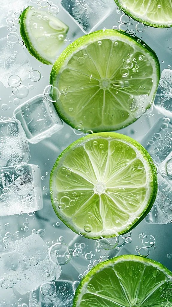 The image shows three lime slices submerged in water with ice cubes. The lime slices are cut in half and show the juicy, green flesh and the white pith. Bubbles rise from the ice and create a refreshing and bubbly atmosphere. The overall image evokes a sense of coolness and refreshment.