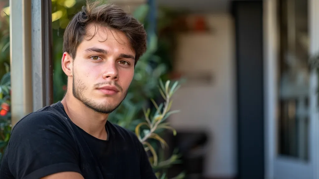 A young man with brown hair and a beard is wearing a black t-shirt. He is looking directly at the camera with a serious expression. He is standing in front of a blurred background that includes a door and some greenery.  The man appears to be in his early twenties and has a strong jawline. The lighting in the photo is soft and natural.