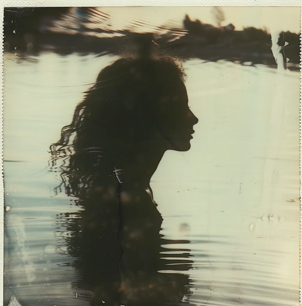 A faded photograph shows the silhouette of a woman with long, flowing hair standing in a body of water. The water is rippling and reflects the woman's form, creating a ghostly and ethereal effect. The image is framed by a worn and aged border, adding to its vintage feel. The overall mood is one of mystery and contemplation.