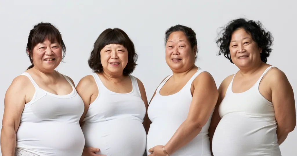 Four women, all wearing white tank tops, stand in a row against a white background. They are all smiling and appear to be pregnant. Their hair is dark and their faces are soft and warm. The image is one of positivity and female empowerment.