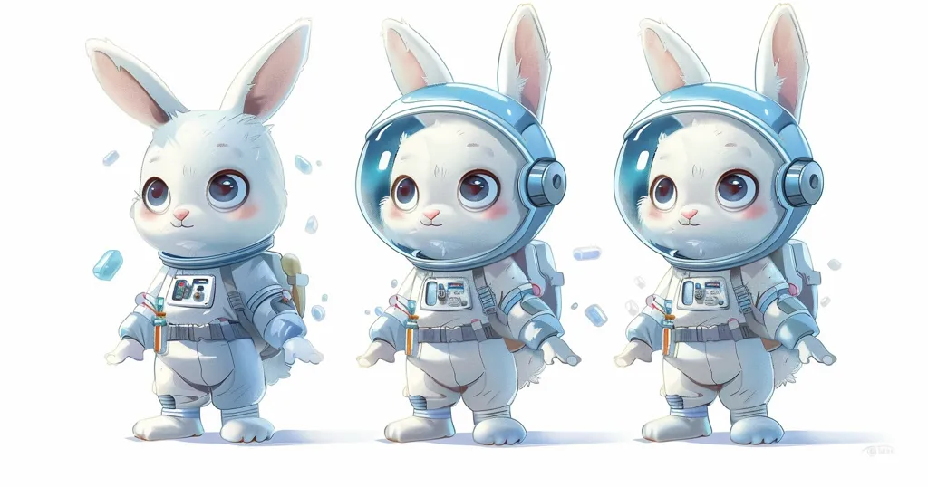 Three adorable white rabbits, each dressed in a blue and white astronaut suit with a helmet, are standing against a white background. The rabbits have large, expressive eyes and are looking in different directions. The image is playful and lighthearted, suggesting a sense of adventure and wonder.