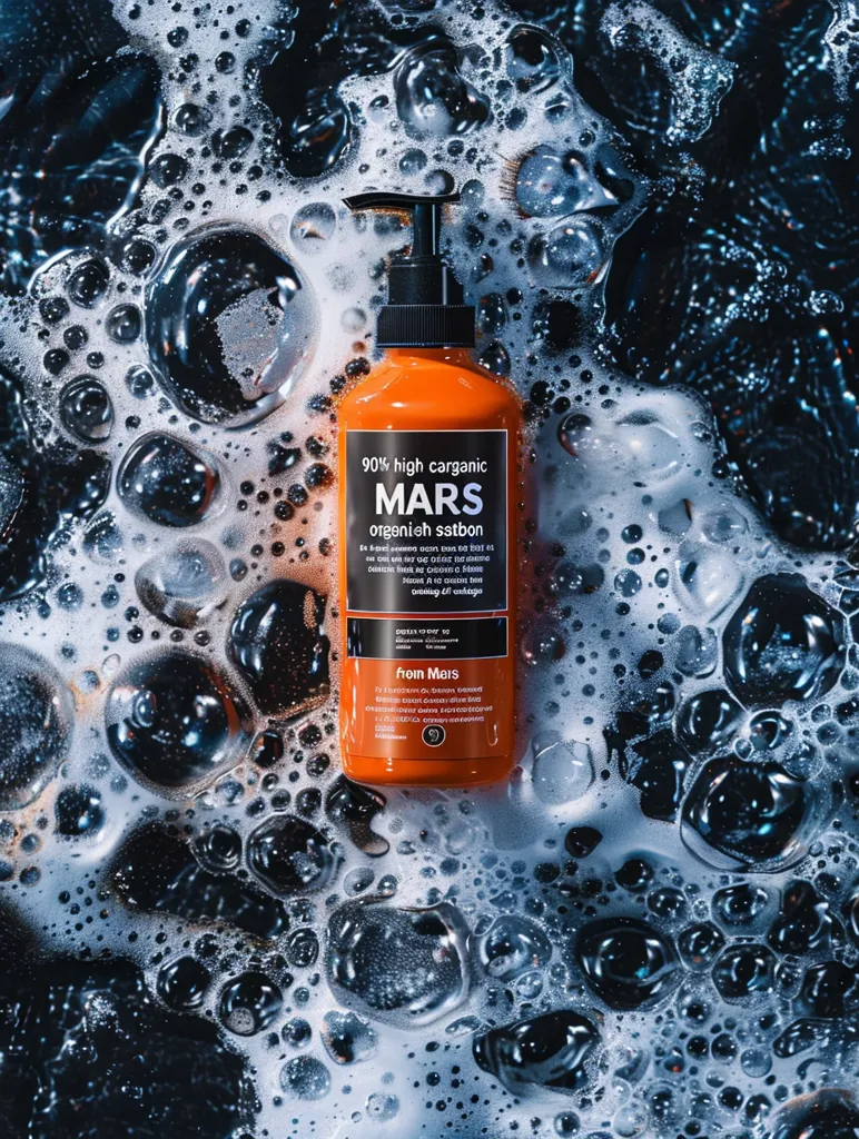 A bright orange bottle of "Mars" organic body wash sits in a pool of foamy bubbles. The bottle features a black pump top and white text on its label. The background is a dark, almost black, surface.  The bottle is surrounded by bubbles of varying sizes, creating a whimsical and textured backdrop.  The image captures the essence of a luxurious, spa-like experience.