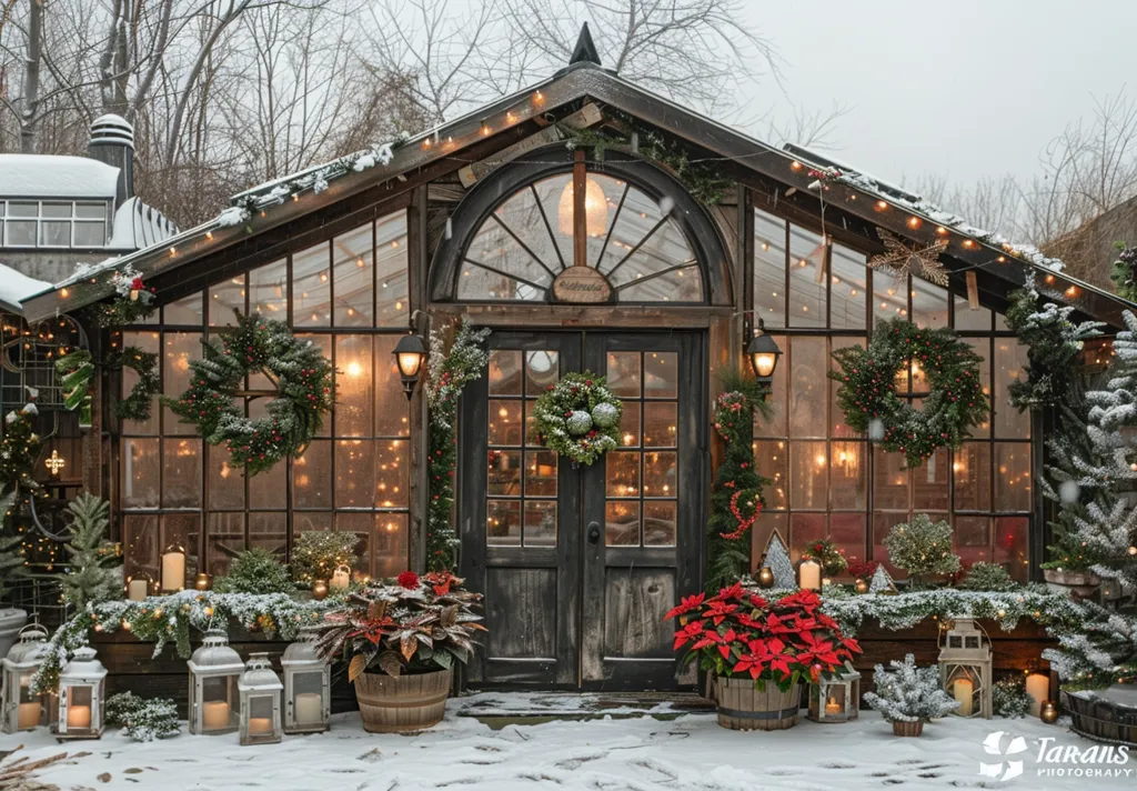 A rustic wooden greenhouse adorned with twinkling lights, garlands, and wreaths, creates a warm and inviting atmosphere for the holidays. Snow covers the ground, adding to the winter wonderland scene. The large windows offer a glimpse of the cozy interior, while the wooden door with a festive wreath welcomes visitors. The surrounding trees and greenery enhance the natural beauty of this charming space.