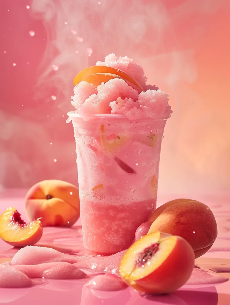 A pink peach smoothie spills over the side of its clear cup, creating a pool of pink liquid on a pink background. Fresh peaches, some halved, are scattered around the cup, adding to the scene's vibrant, fruity aesthetic. The smoothie is topped with peach slices, and the entire image is bathed in a soft, pink glow.