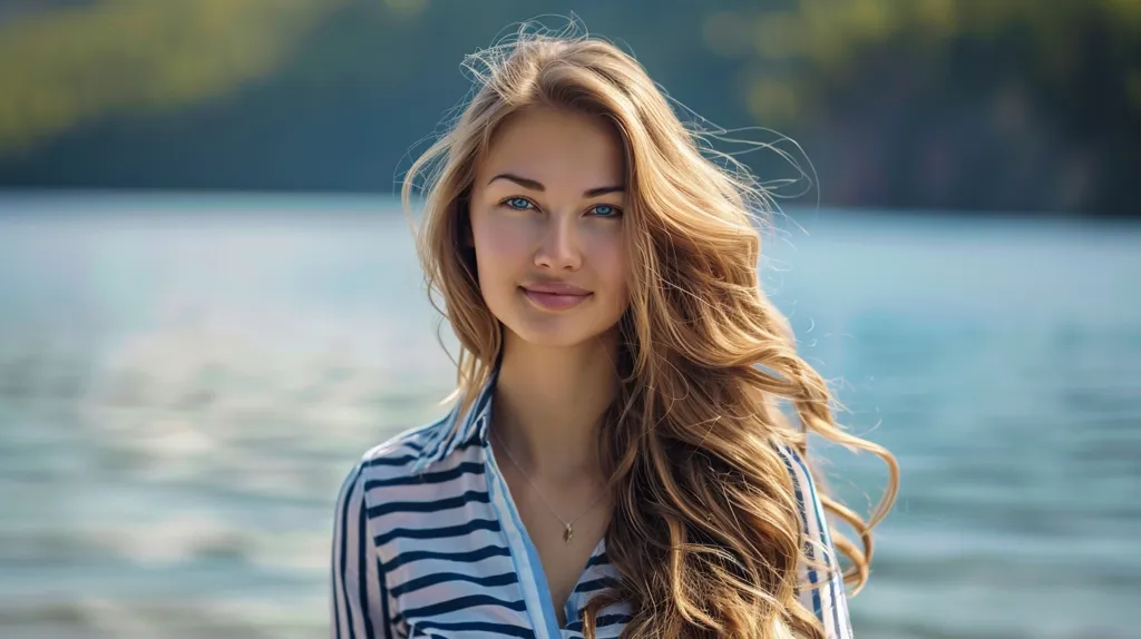 A young woman with long, flowing blonde hair and blue eyes stands in front of a body of water.  She is wearing a striped shirt and looks directly at the camera with a soft smile. Her hair is slightly tousled by the wind, giving her a relaxed and carefree look. The background is out of focus, creating a sense of depth and drawing attention to the subject.  The overall tone of the image is light and airy.