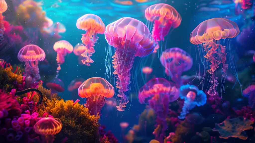 A vibrant underwater scene with a multitude of colorful jellyfish in a deep blue sea. The jellyfish are in various sizes and shapes, with long, flowing tentacles. The image is filled with a sense of wonder and tranquility, highlighting the beauty of the underwater world.  The colors are rich and saturated, creating a magical and ethereal atmosphere.