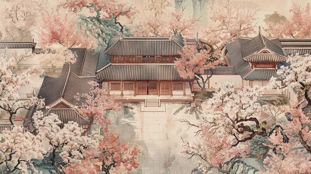 An aerial view of a traditional Chinese temple surrounded by lush cherry blossom trees. The temple has a grey tiled roof and wooden beams. The cherry blossoms are in full bloom, creating a beautiful and serene scene. The picture is painted in a traditional style, with delicate brushstrokes and soft colors. It evokes a sense of peace and tranquility.
